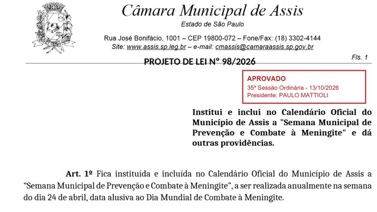 Câmara aprova por unanimidade campanha de conscientização e prevenção à meningite em Assis