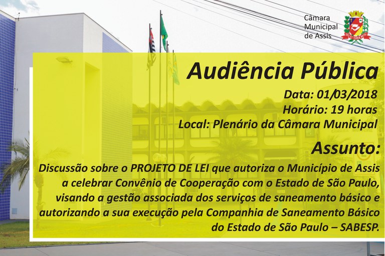Câmara convida população para Audiência Pública sobre a renovação de Convênio com a SABESP Câmara convida população para Audiência Pública sobre a renovação de Convênio com a SABESP