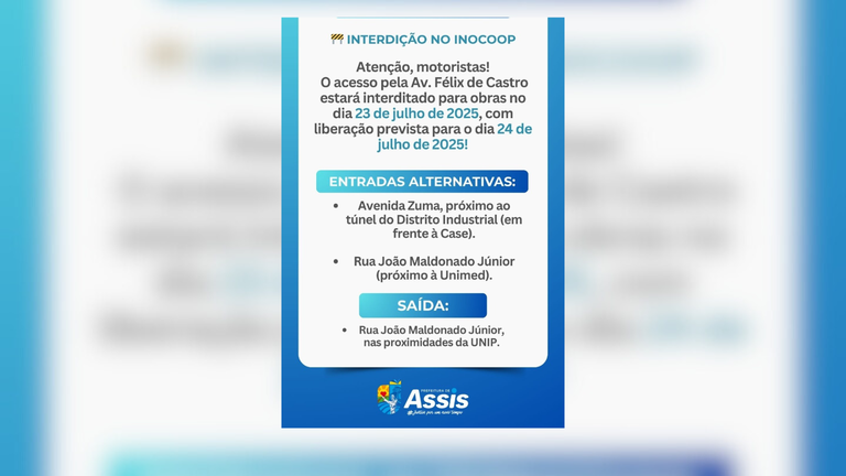 Câmara Informa: Interdição na Avenida Félix Castro nesta quarta-feira Câmara Informa: Interdição na Avenida Félix Castro nesta quarta-feira