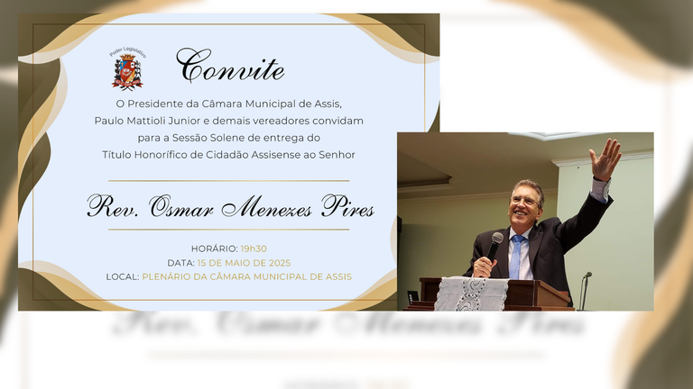 Nesta quinta-feira: Câmara de Assis realiza sessão solene em homenagem ao Reverendo Osmar Menezes Pires Nesta quinta-feira: Câmara de Assis realiza sessão solene em homenagem ao Reverendo Osmar Menezes Pires